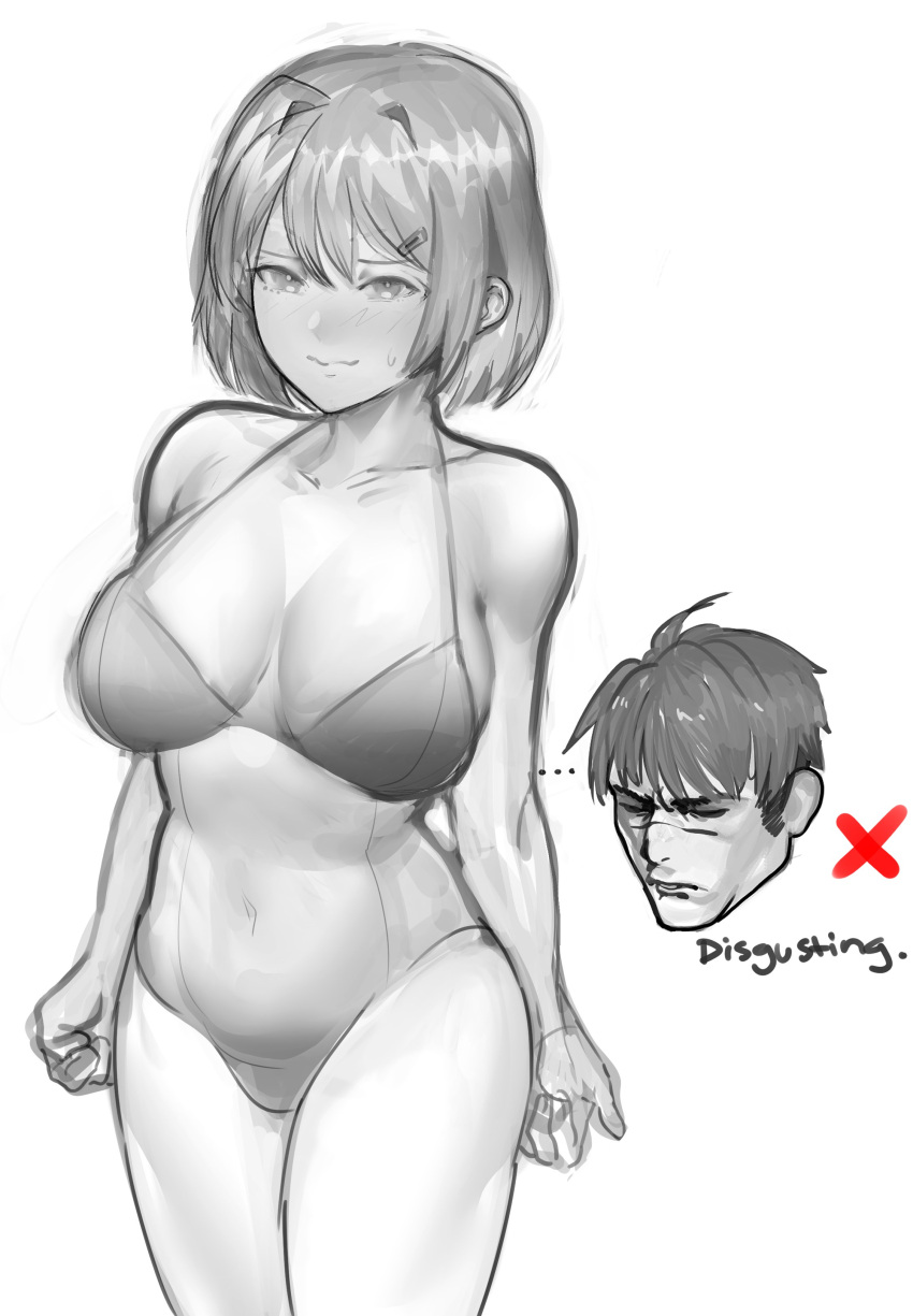 1boy 1girl absurdres breasts character_request copyright_request english_text greyscale highres kowai_(iamkowai) large_breasts monochrome short_hair sketch sweatdrop swimsuit