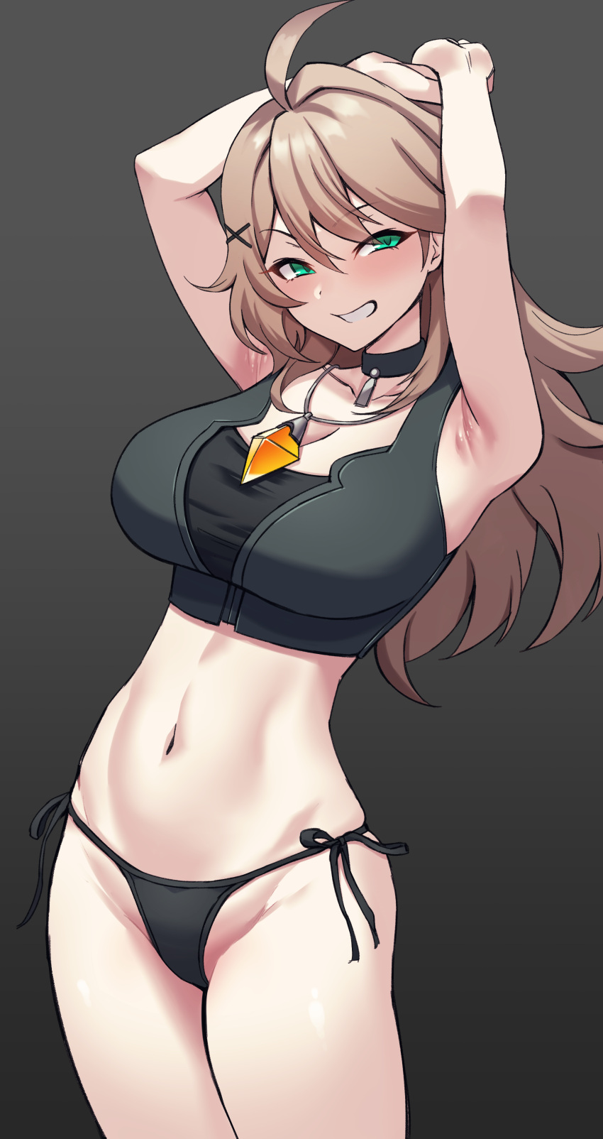 absurdres ahoge armpits arms_up bikini blush breasts brown_hair crop_top elsword green_eyes grin hair_ornament highres large_breasts lithia_beryl_(elsword) long_hair navel nsd_(neangsadu) side-tie_bikini_bottom smile stomach swimsuit x_hair_ornament