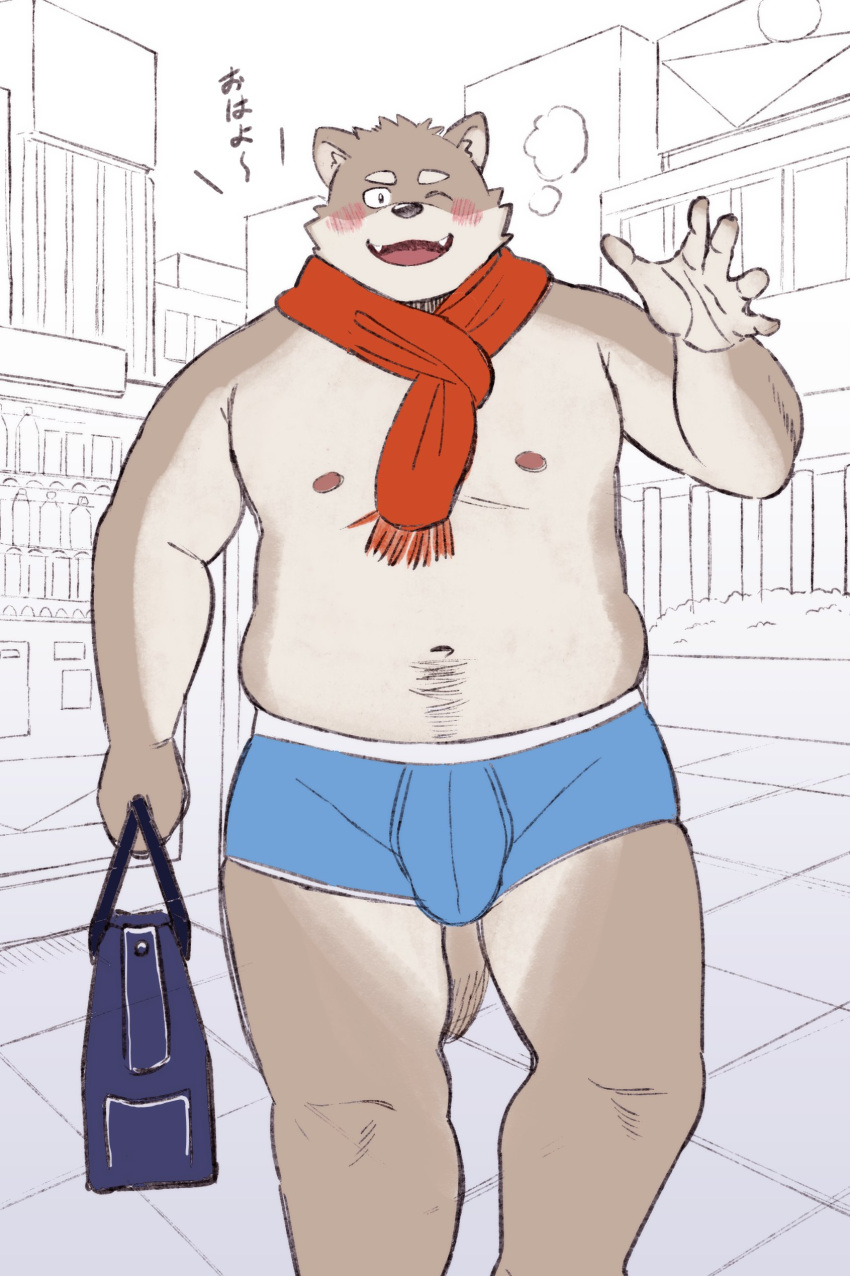 2023 absurd_res anthro brown_body bulge canid canine canis clothing detailed_background domestic_dog hi_res humanoid_hands japanese_text kemono male mammal navel nipples outside slightly_chubby solo sv_grart text underwear