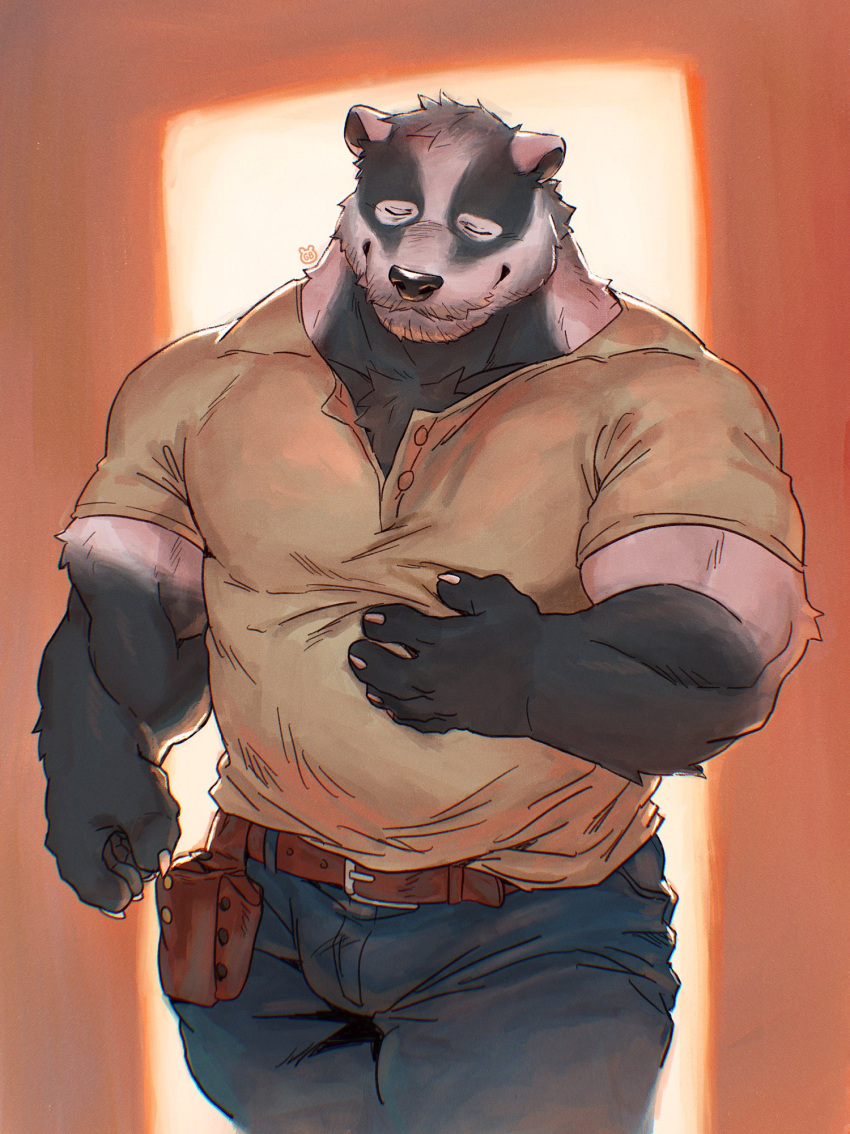 1boy artist_logo badger_boy badger_ears bara belt bulge claws closed_eyes echo_project english_commentary furry furry_male gamubear hand_on_own_stomach highres male_focus muscular muscular_male nikolai_krol_(the_smoke_room) smile the_smoke_room