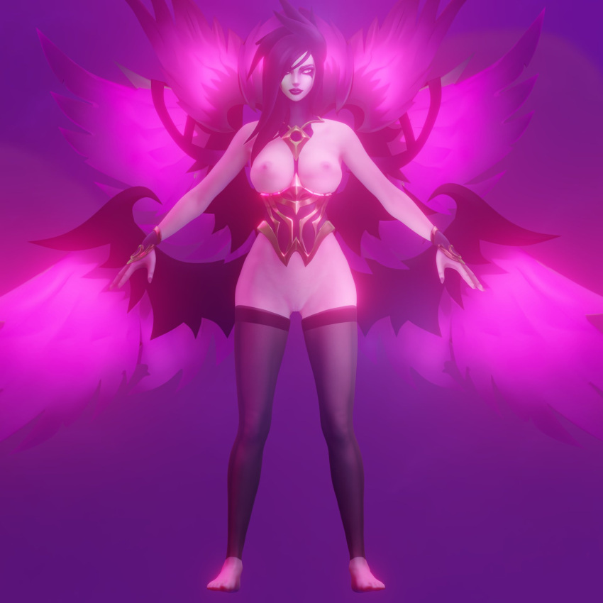 3d_(artwork) 6_wings angel areola big_breasts breasts clothing digital_media_(artwork) feathers female genitals hair hair_over_eye hi_res humanoid league_of_legends legwear morgana_(lol) multi_wing nipples nude one_eye_obstructed pink_areola pink_nipples purple_background purple_body purple_eyes purple_feathers purple_hair pussy riot_games running_mascara salsen simple_background solo stockings tan_body tan_skin thick_thighs wide_hips winged_humanoid wings