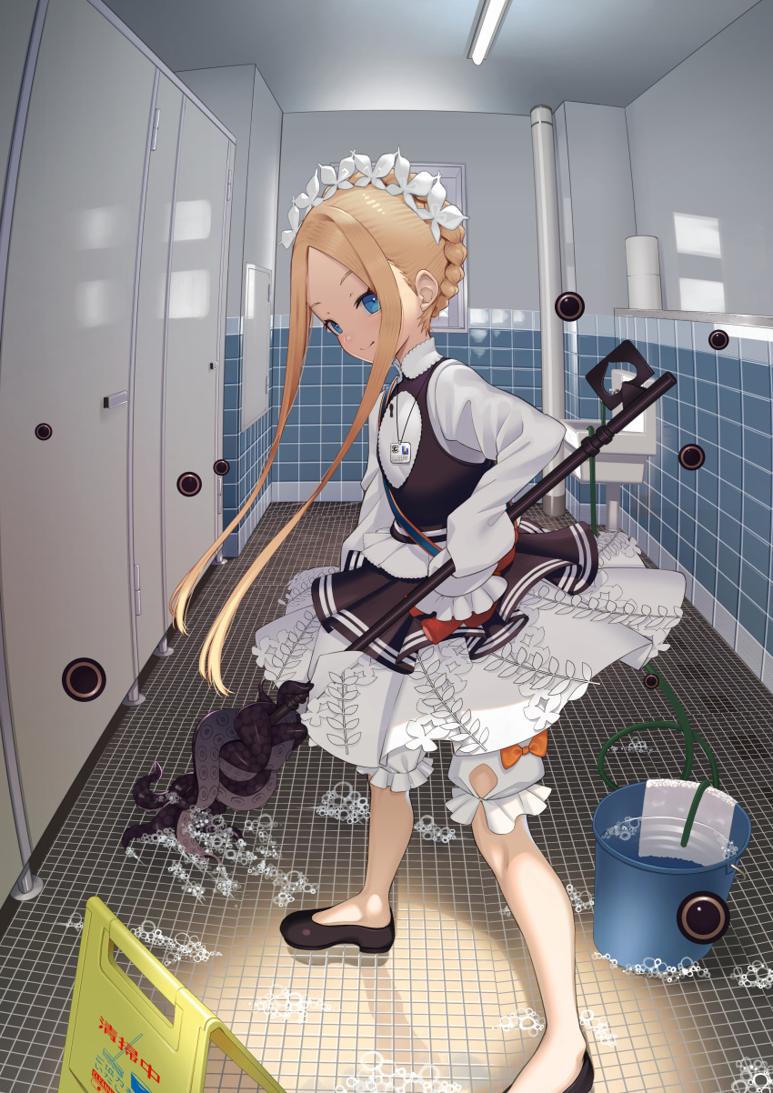 1girl abigail_williams_(fate) abigail_williams_(festival_outfit)_(fate) absurdres alternate_costume black_skirt blonde_hair bloomers blue_eyes braid breasts bucket dress enmaided fate/grand_order fate_(series) forehead french_braid highres key keyhole layered_skirt long_hair looking_at_viewer maid maid_headdress mop oversized_object parted_bangs sash shiro_ami sidelocks skirt sleeves_past_fingers sleeves_past_wrists small_breasts smile solo tentacles very_long_hair white_bloomers white_dress