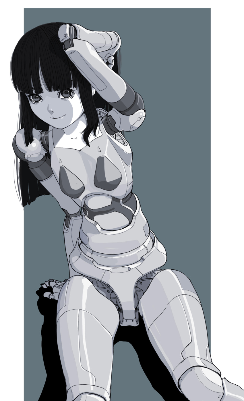1girl android arm_up blunt_bangs closed_mouth highres long_hair original science_fiction shadow smile solo sukabu