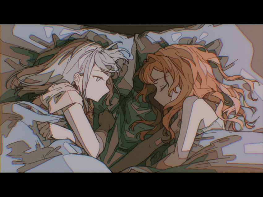 2girls bare_arms chromatic_aberration closed_eyes commentary_request grey_eyes grey_hair grey_shirt grey_tank_top highres letterboxed ligne_claire long_hair lying multiple_girls no_mouth on_side orange_hair pillow profile reverse:1999 shirt short_sleeves sleeping sonetto_(reverse:1999) tank_top under_covers vertin_(reverse:1999) yuri zhizhizi