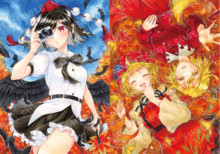 3girls aki_minoriko aki_shizuha alto2019 apron autumn_leaves black_hair black_ribbon black_skirt black_wings blonde_hair camera closed_eyes collage feathered_wings frilled_skirt frills grape_hat_ornament hat holding holding_camera long_sleeves multiple_girls neck_ribbon pom_pom_(clothes) puffy_short_sleeves puffy_sleeves red_apron red_eyes red_headwear red_shirt red_skirt ribbon sample_watermark shameimaru_aya shirt short_sleeves siblings sisters skirt skirt_set tokin_hat touhou traditional_media watermark wheat_print white_shirt wide_sleeves wings yellow_eyes yellow_shirt