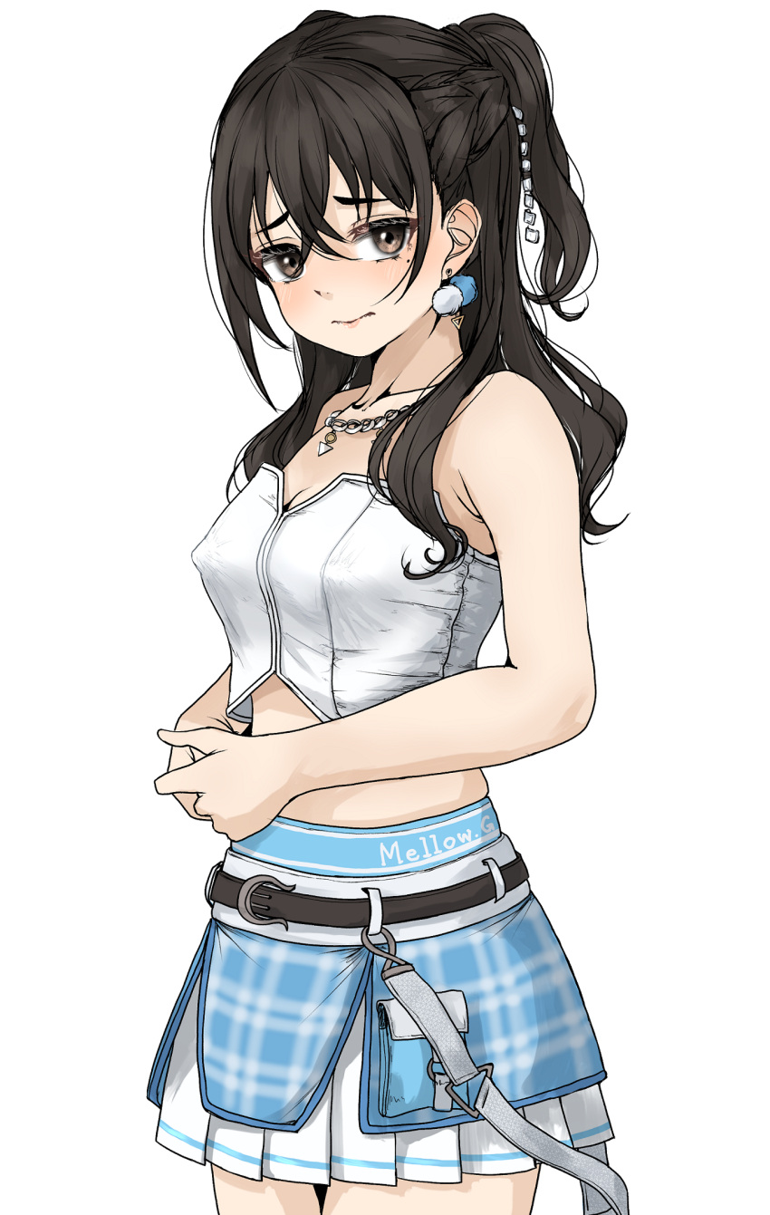 1girl belt_buckle black_hair blue_skirt blush breasts buckle chain_necklace cleavage collarbone cropped_shirt crossed_bangs gatsby_ssl hair_between_eyes highres idolmaster idolmaster_cinderella_girls jewelry looking_at_viewer medium_breasts midriff mole mole_under_eye necklace own_hands_together pointy_breasts shirt simple_background skirt solo strapless strapless_shirt sunazuka_akira white_background