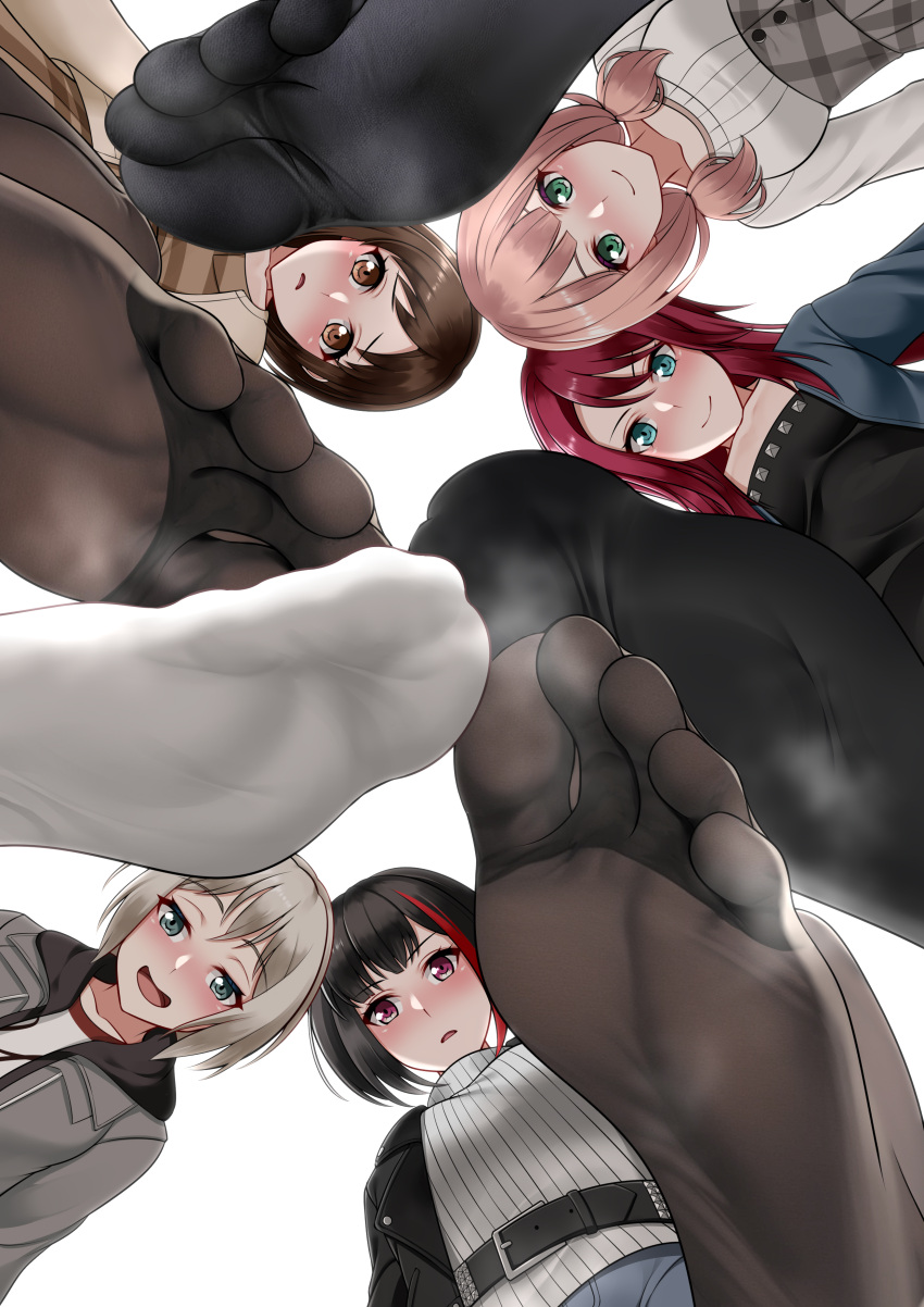 5girls absurdres aoba_moca aqua_eyes bang_dream! belt black_belt black_hair black_jacket black_pantyhose black_thighhighs blue_eyes blush brown_hair brown_sweater character_request closed_mouth commentary_request commission feet foot_focus from_behind greek_toe grey_hair grey_hoodie grey_jacket highres hood hoodie jacket looking_at_viewer multicolored_hair multiple_girls no_shoes oirin open_clothes open_jacket open_mouth pantyhose parted_lips pixiv_commission plaid red_eyes red_hair sidelocks simple_background smell smile soles streaked_hair sweater thighhighs toes turtleneck turtleneck_sweater uehara_himari white_background white_sweater