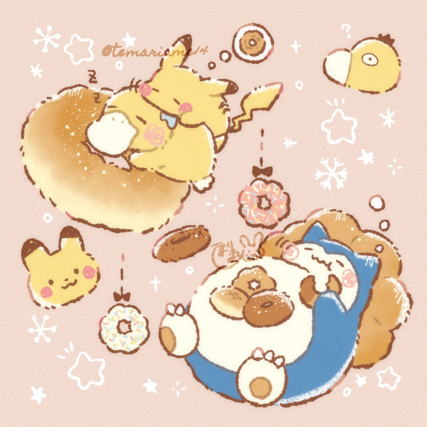 :t ? artist_name blush bread brown_background character_cookie character_food claws closed_eyes closed_mouth commentary_request cookie doughnut eating food highres holding holding_food melon_bread no_humans pikachu pokemon pokemon_(creature) pokemon_on_back psyduck simple_background sleeping snorlax sparkle star_(symbol) temariame14 thought_bubble twitter_username wavy_mouth zzz