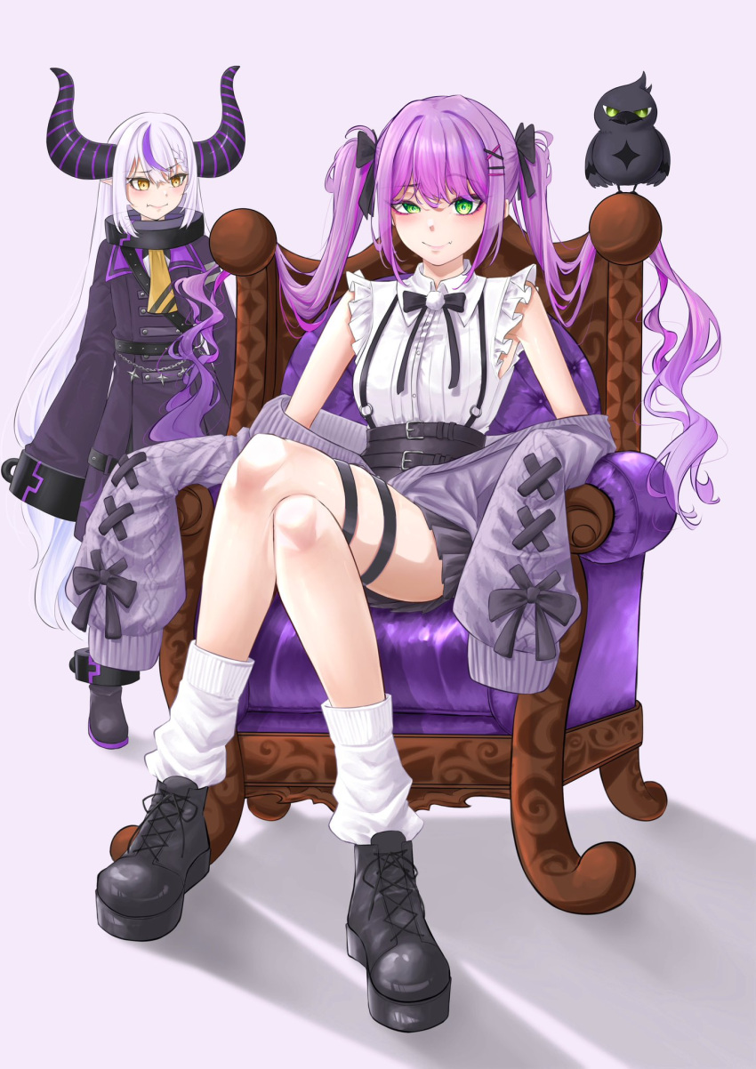 2girls belt black_belt black_bow black_bowtie black_footwear black_ribbon black_skirt blush bow bowtie breasts closed_mouth coat crossed_legs eyeshadow frilled_sleeves frills full_body green_eyes grey_hair hair_between_eyes hair_bow hair_ornament highres hololive jacket la+_darknesss la+_darknesss_(1st_costume) legs long_hair looking_at_another loose_socks makeup medium_breasts miniskirt multicolored_hair multiple_girls neck_ribbon off_shoulder ogi_(ogi03s) oversized_clothes pleated_skirt purple_coat purple_hair purple_jacket ribbon shadow short_sleeves sidelocks sitting skirt sleeves_past_fingers sleeves_past_wrists smile socks standing streaked_hair suspender_skirt suspenders thigh_strap tokoyami_towa tokoyami_towa_(jirai_kei) twintails uneven_eyes very_long_hair virtual_youtuber white_socks wide_sleeves x_hair_ornament yellow_eyes