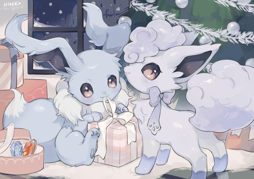 :3 alolan_vulpix alternate_color blue_bow bow bowtie brown_eyes christmas christmas_ornaments christmas_tree commentary eevee evolutionary_stone fire_stone floor fur_rug gift hideko_(l33l3b) highres ice_stone indoors looking_back mouth_hold night on_floor pokemon pokemon_(creature) ribbon ribbon_in_mouth rug shiny_pokemon signature sitting smile snow snowing standing symbol-only_commentary tinsel tree twitter_username vulpix white_fur white_ribbon window