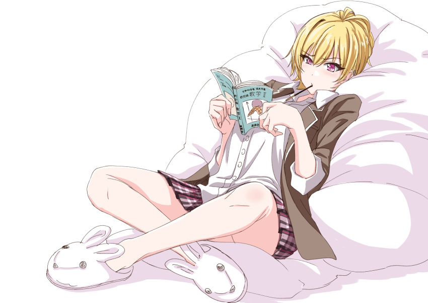 1girl animal_slippers bare_legs blazer blonde_hair book brown_jacket commentary_request crossed_ankles cushion food food_in_mouth highres holding holding_book idolmaster idolmaster_shiny_colors jacket kanzaki_kouichi leaning_back legs oversized_object plaid plaid_skirt pleated_skirt pocky pocky_in_mouth reading saijo_juri school_uniform shirt short_hair sitting skirt slippers solo white_shirt