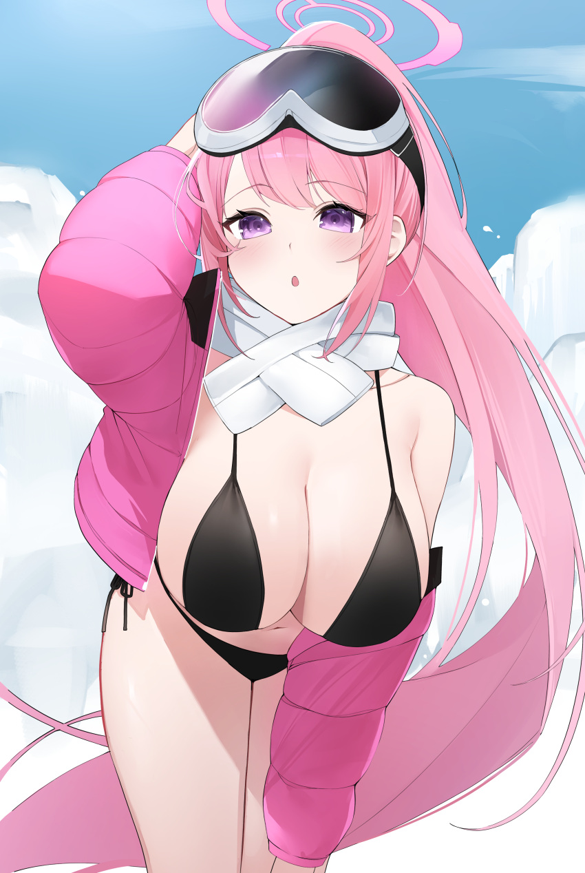 1girl absurdres bikini black_bikini blue_archive blush breasts cleavage eimi_(blue_archive) eimi_(swimsuit)_(blue_archive) goggles goggles_on_head highres jacket large_breasts long_hair long_sleeves looking_at_viewer official_alternate_costume open_clothes open_jacket open_mouth pink_eyes pink_hair pink_jacket ponytail solo swimsuit very_long_hair yuuki02