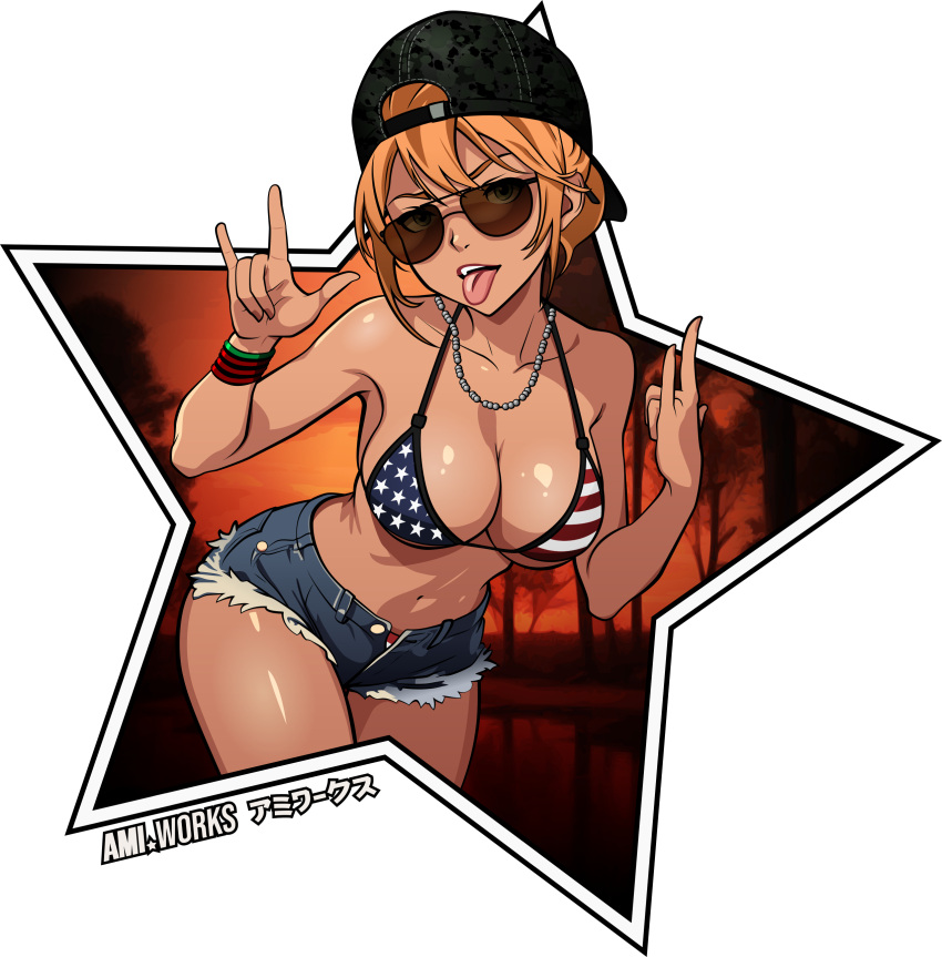 1girl absurdres american_flag_bikini ami.works artist_name backwards_hat baseball_cap bikini blonde_hair blue_shorts breasts cleavage collarbone flag_print grand_theft_auto grand_theft_auto_vi green_headwear hat highres jewelry large_breasts navel necklace open_mouth shorts solo standing sunglasses swimsuit tan teeth thighs tongue tongue_out torn_clothes torn_shorts transparent_background upper_teeth_only watermark