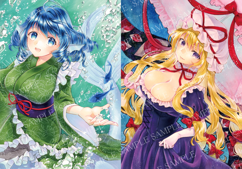 alto2019 blonde_hair blue_eyes blue_hair bow breasts cleavage collage dress elbow_gloves fins fish frilled_dress frilled_kimono frills gap_(touhou) gloves green_kimono hair_bow hat hat_ribbon head_fins holding holding_umbrella japanese_clothes kimono long_hair mermaid mob_cap monster_girl neck_ribbon obi purple_dress purple_eyes red_bow red_ribbon ribbon sample_watermark sash touhou traditional_media umbrella wakasagihime water watermark white_gloves white_headwear wide_sleeves yakumo_yukari