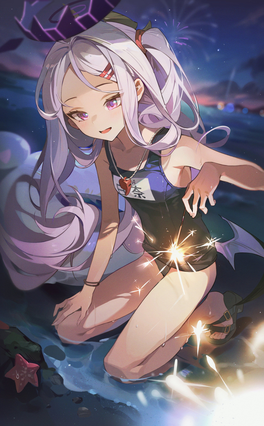 1girl absurdres bare_arms bare_legs bare_shoulders beach black_horns black_one-piece_swimsuit blue_archive blush breasts demon_horns feet firecrackers forehead hair_ornament hairclip halo highres hina_(blue_archive) hina_(swimsuit)_(blue_archive) horns kneeling lan_yansuanyan legs long_hair looking_at_viewer multiple_horns name_tag official_alternate_costume one-piece_swimsuit open_mouth purple_eyes sandals school_swimsuit small_breasts smile solo starfish swimsuit toes very_long_hair water white_hair