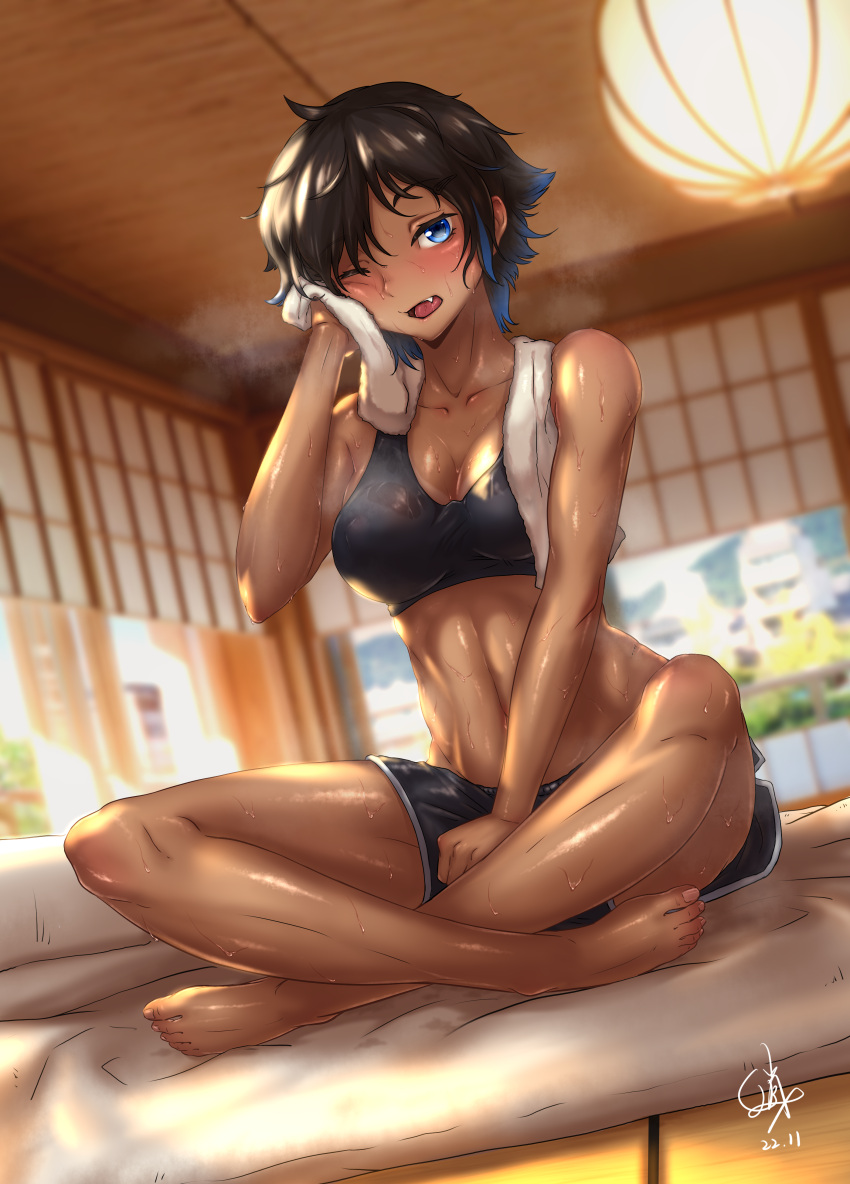 1girl absurdres bare_arms bare_legs bare_shoulders barefoot black_hair black_shorts black_sports_bra blue_eyes blue_hair breasts ceiling chinese_commentary cleavage commentary_request dark-skinned_female dark_skin dated dolphin_shorts dutch_angle fang flamerush191 full_body futon gradient_hair highres holding holding_towel indian_style indoors lantern looking_at_viewer medium_breasts midriff multicolored_hair one_eye_closed original paid_reward_available paper_lantern short_hair short_shorts shorts signature sitting solo sports_bra steaming_body sweat tomboy towel towel_around_neck two-tone_hair variant_set very_sweaty wiping_sweat