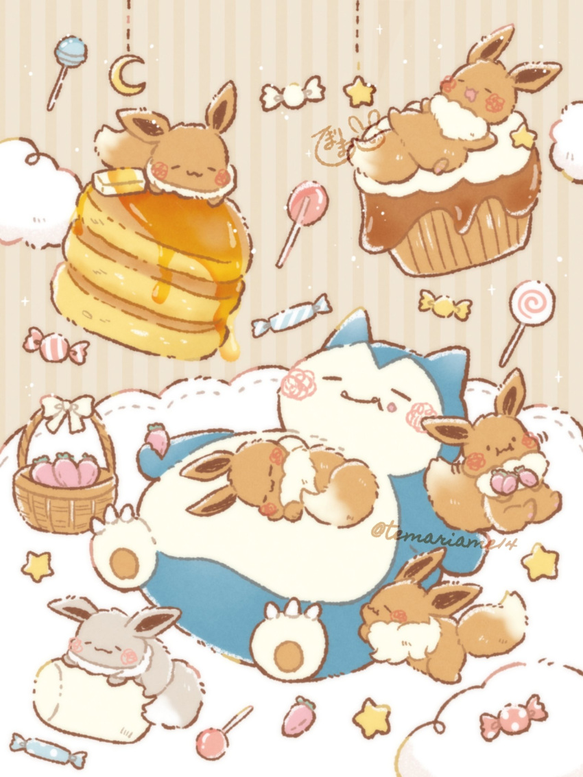 :3 :i alternate_color artist_name basket blush bow brown_background candy claws closed_eyes closed_mouth cloud commentary_request crescent crescent_moon cupcake eevee fangs fangs_out food food_on_face highres lollipop lying maple_syrup marshmallow moon no_humans on_back pancake pancake_stack pokemon pokemon_(creature) polka_dot shiny_pokemon simple_background smile snorlax solid_circle_eyes star_(symbol) striped striped_background swirl_lollipop syrup temariame14 twitter_username u_u white_bow