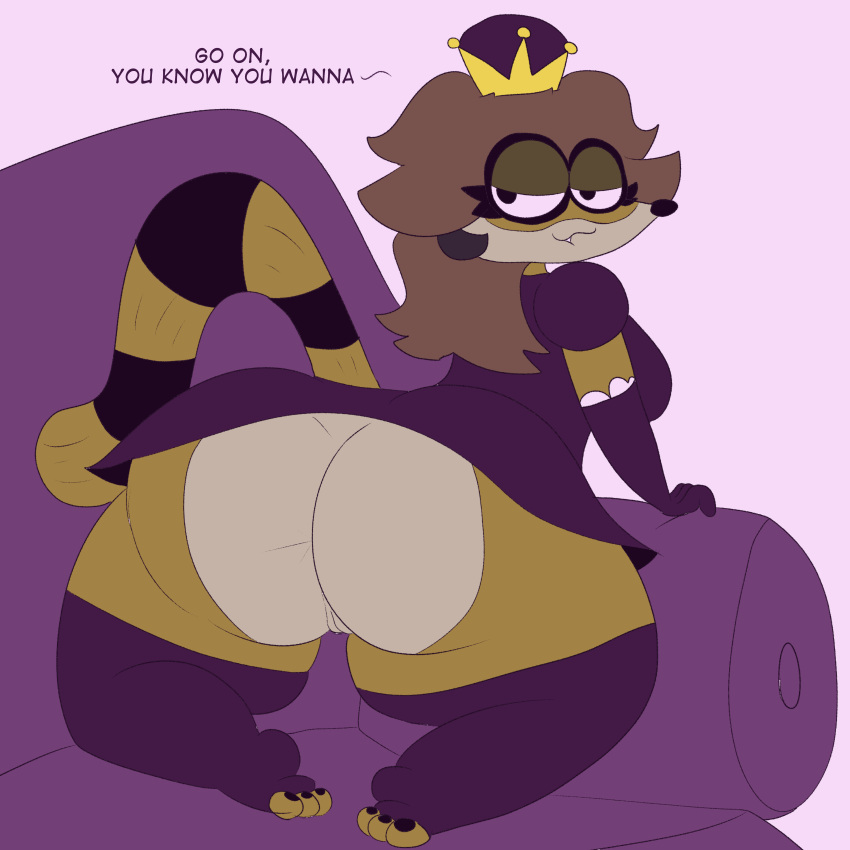 absurd_res after_transformation big_butt brown_body brown_fur butt cartoon_network chibitay clothing crown dress fur headgear hi_res legwear mammal mario_bros nintendo princess procyonid raccoon regular_show rigby_(regular_show) royalty super_crown thigh_highs transformation