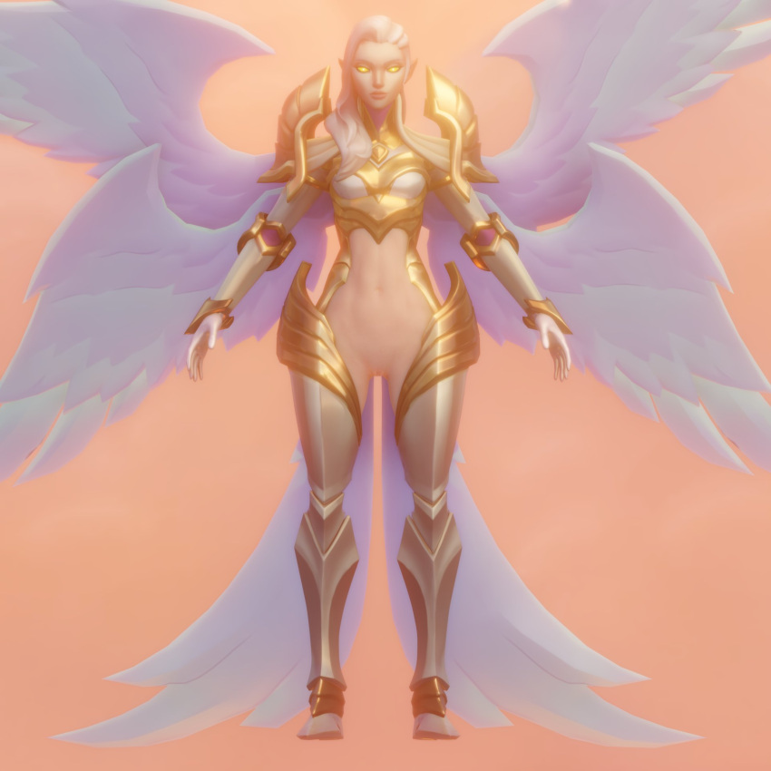 3d_(artwork) 6_wings angel armor blonde_hair bottomless clothed clothing digital_media_(artwork) feathered_wings feathers female front_view genitals hair hi_res humanoid humanoid_pointy_ears kayle_(lol) league_of_legends multi_wing navel pussy riot_games salsen simple_background solo tan_background thick_thighs unconvincing_armor white_body white_eyes white_feathers wide_hips winged_humanoid wings yellow_sclera