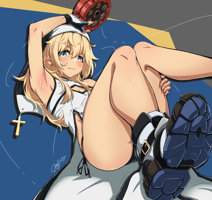 1boy absurdres arm_up armpits bare_shoulders bikini bikini_bottom_only blonde_hair blue_background blue_eyes blush bridget_(guilty_gear) chinese_commentary closed_mouth commentary_request cross dress fingerless_gloves flamerush191 foot_out_of_frame furrowed_brow gloves grey_background guilty_gear guilty_gear_xx habit hair_between_eyes highres holding knees_together_feet_apart latin_cross long_hair looking_at_viewer male_focus multicolored_background otoko_no_ko pelvic_curtain shoe_soles shoes side-tie_bikini_bottom side_slit sideways_glance signature simple_background sleeveless sleeveless_dress sneakers solo swimsuit thighs wavy_mouth white_dress yo-yo