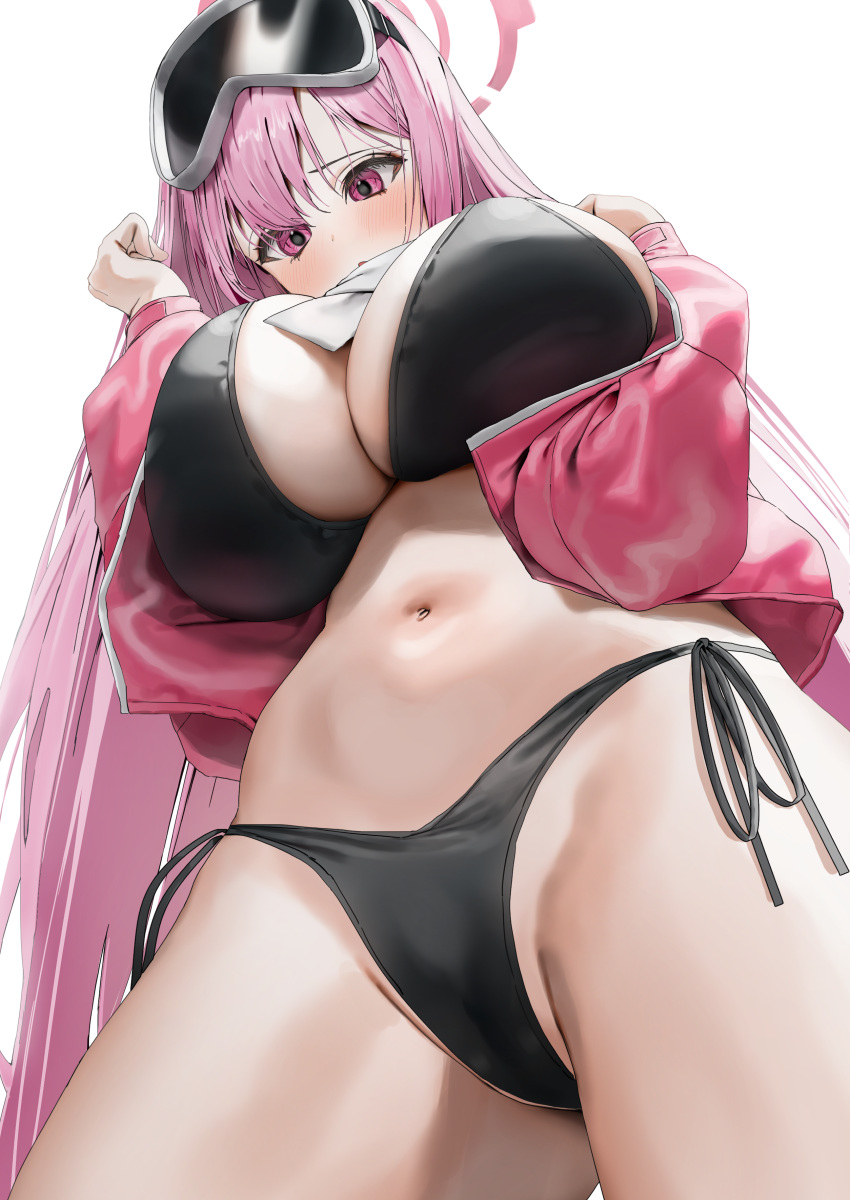 1girl absurdres bikini black_bikini blue_archive blush breasts cleavage cowboy_shot crotch eimi_(blue_archive) eimi_(swimsuit)_(blue_archive) from_below goggles goggles_on_head halo highres jacket large_breasts long_hair looking_at_viewer looking_down navel open_clothes open_jacket open_mouth pink_eyes pink_hair pink_halo pink_jacket poharo scarf side-tie_bikini_bottom simple_background ski_goggles solo standing stomach swimsuit thighs very_long_hair white_background white_scarf