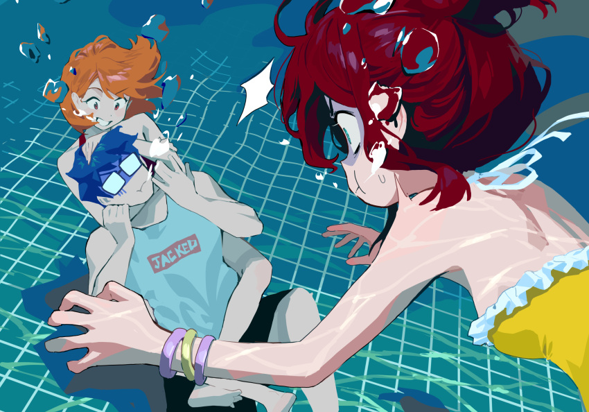 1boy 2girls :t air_bubble asphyxiation bangle barefoot black_shorts blue_eyes blue_hair bracelet breasts bubble chaucer_(some1else45) closed_mouth clothes_writing glasses grin headlock highres hipa_(some1else45) jewelry leg_lock multiple_girls one-piece_swimsuit opaque_glasses orange_hair original pool red_hair sekoshi_(some1else45) shaded_face shirt short_hair shorts small_breasts smile some1else45 surprised swimsuit turn_pale underwater v-shaped_eyebrows white_shirt wide-eyed yellow_one-piece_swimsuit