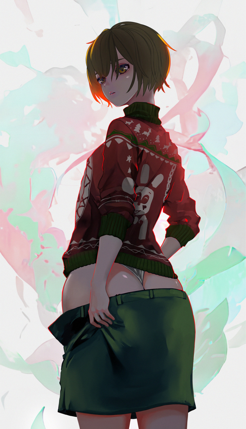 1girl ass blonde_hair brown_eyes christmas dead_by_daylight heather_mason highres looking_at_viewer panties robbie_the_rabbit short_hair silent_hill_(series) silent_hill_3 skirt solo suzusiron sweater underwear waving white_panties