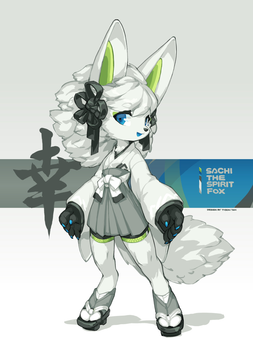 absurd_res anthro blue_pupils canid canine chinese_text clothing english_text female fox fur hi_res mammal pupils sachi_the_spirit_fox simple_background solo text tysontan white_body white_fur