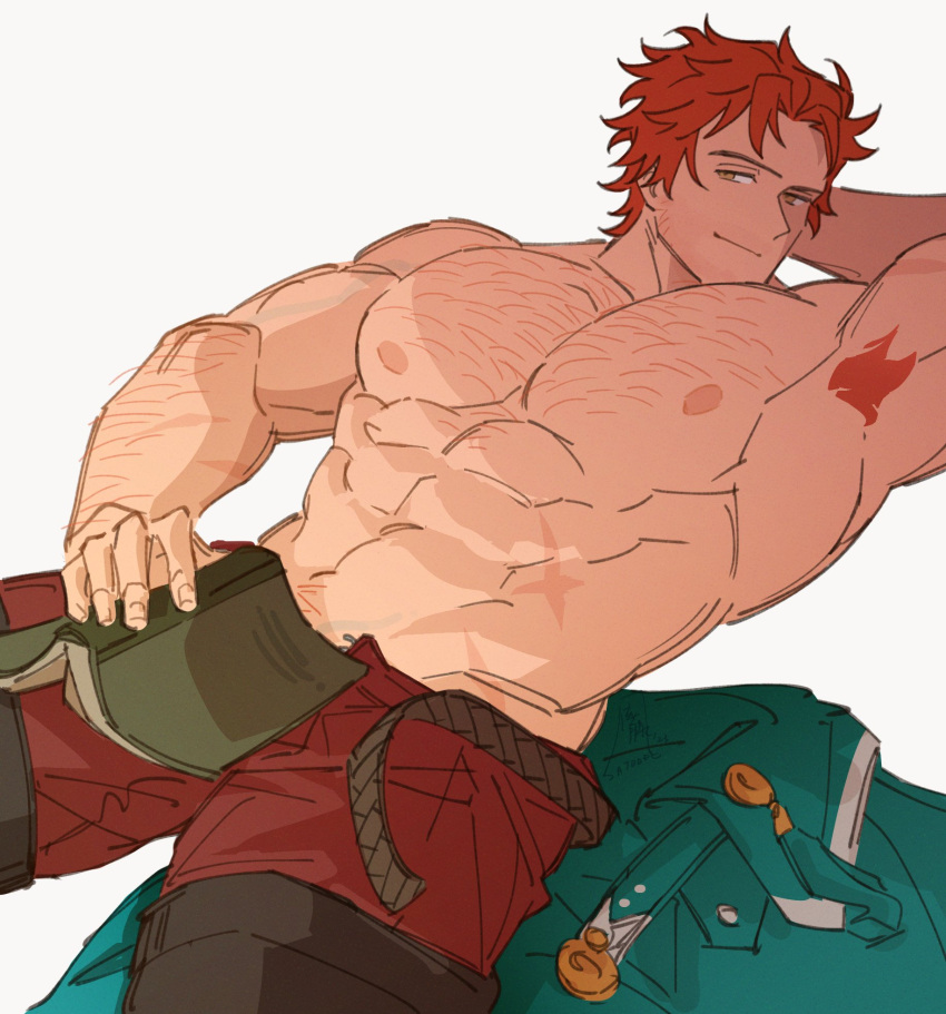 1boy abs arm_behind_head arm_hair armpit_hair armpits bara belt book book_on_lap chest_hair english_commentary fire fire_emblem fire_emblem:_three_houses highres large_pectorals looking_at_viewer lying male_focus on_back open_belt open_book orange_hair pectorals satodee scar scar_on_stomach smile sparse_chest_hair sylvain_jose_gautier topless_male white_background