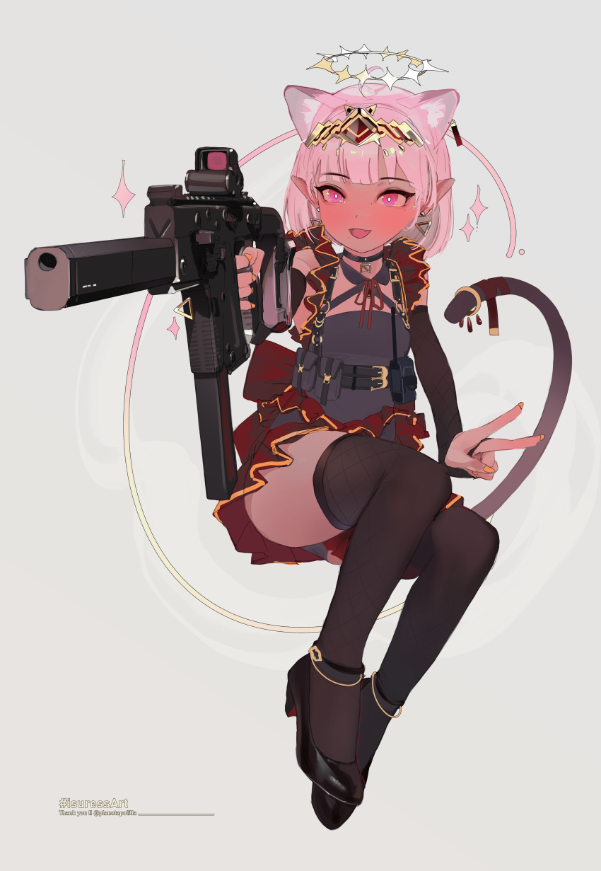 absurdres aiming aiming_at_viewer animal_ears black_thighhighs cat_ears cat_tail commission extra_ears gold_headwear gun highres kriss_vector open_mouth optical_sight original pink_eyes pink_hair pixiv_commission pointing_gun polilla sitting sparkle submachine_gun tail thighhighs tiara weapon white_background