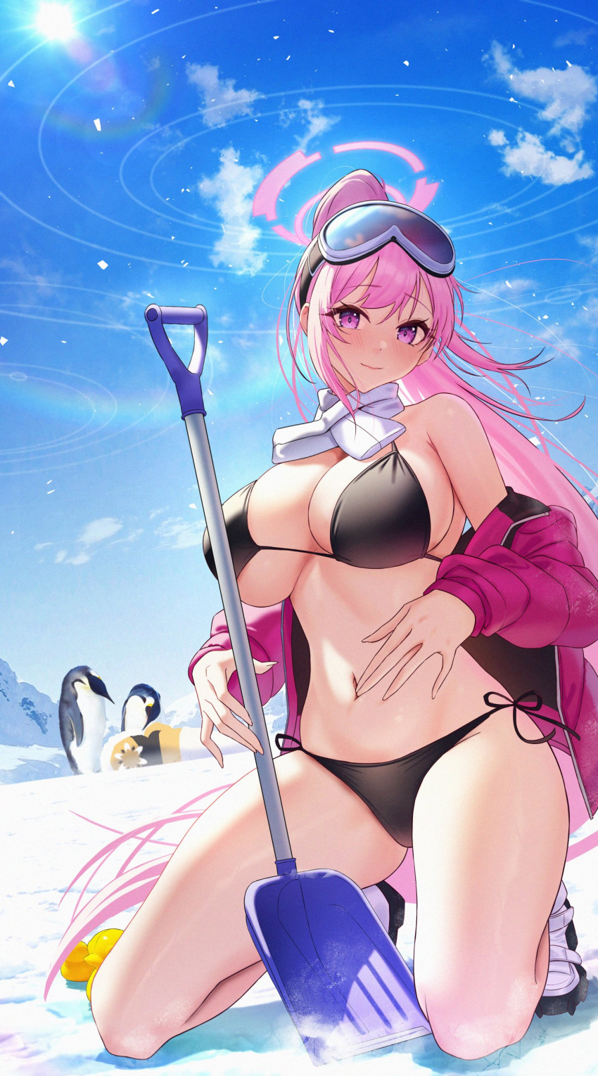 2girls absurdres bare_shoulders bikini bird black_bikini blue_archive blue_sky breasts closed_mouth commentary_request eimi_(blue_archive) eimi_(swimsuit)_(blue_archive) goggles goggles_on_head halo highres himari_(blue_archive) jacket kneeling large_breasts long_hair long_sleeves looking_at_viewer multiple_girls navel off_shoulder official_alternate_costume open_clothes open_jacket outdoors padded_jacket penguin pink_eyes pink_hair pink_halo pink_jacket ponytail revision rubber_duck scarf shovel side-tie_bikini_bottom ski_goggles sky smile snow snow_shovel solar_(happymonk) solo_focus sun swimsuit very_long_hair white_footwear white_scarf