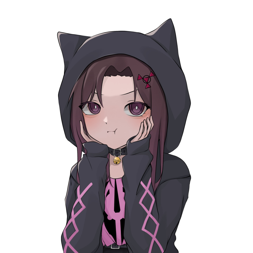 1girl bell belt belt_choker black_jacket breasts brown_hair choker commission commissioner_upload digital_hazard dusk_(wayanfa) emblem grey_eyes hair_ornament hands_on_own_chin highres hood hood_up hoodie jacket long_hair long_sleeves looking_at_viewer neck_bell non-web_source original pawtaa pink_shirt pout puffy_cheeks shirt sigil small_breasts upper_body white_background