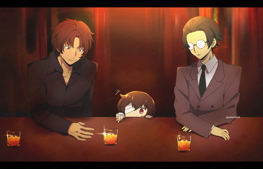 3boys bandage_over_one_eye bar_(place) beer_glass brown_hair brown_jacket bungou_stray_dogs character_request collared_shirt dazai_osamu_(bungou_stray_dogs) glasses highres indoors jacket lapels light long_sleeves multiple_boys necktie outstretched_arm reaching red_eyes seirense34 shirt short_hair