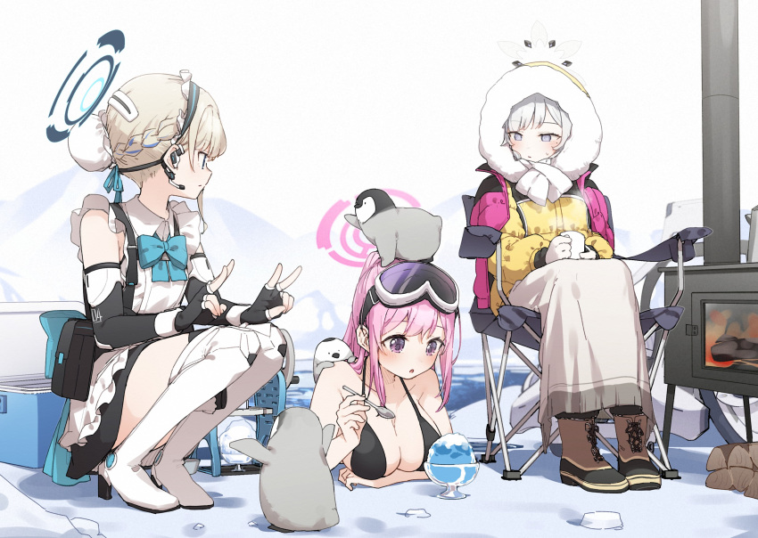 apron aqua_eyes bird black_dress blue_archive chest_harness double_v dress eimi_(blue_archive) eimi_(swimsuit)_(blue_archive) elbow_gloves facing_another fingerless_gloves food gloves harness highres himari_(blue_archive) maid outdoors partially_submerged penguin shaved_ice toki_(blue_archive) v white_apron yukie_(kusaka_shi)