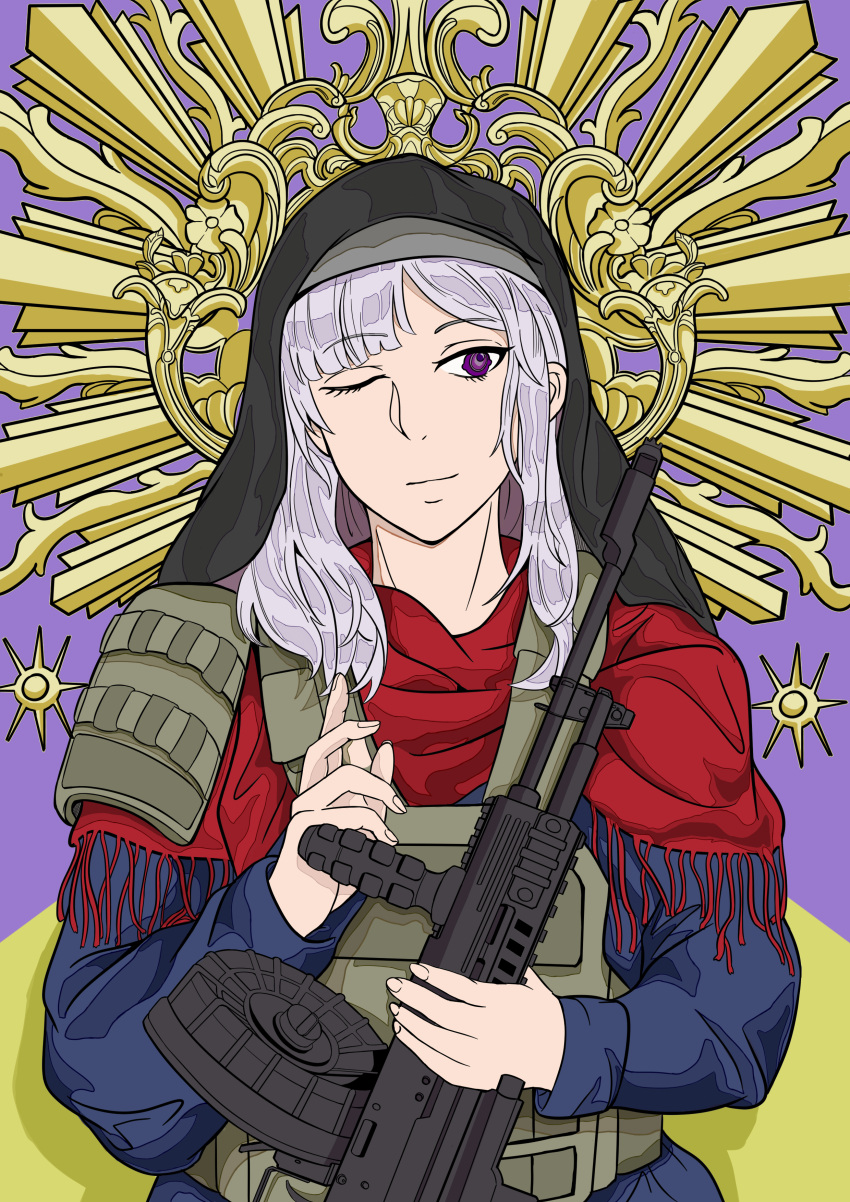 absurdres ak-12 ak-12_(girls'_frontline) armor assault_rifle drum_magazine foregrip girls'_frontline grey_hair gun halo highres kalashnikov_rifle magazine_(weapon) nun one_eye_closed plate_carrier rifle saintess weapon wondertent