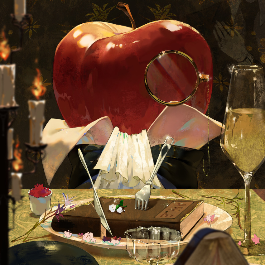 1other absurdres apple apple_(reverse:1999) ascot black_bow black_bowtie book bow bowl bowtie candle cup drinking_glass food fork fruit highres indoors knife monocle plate procreate_(medium) reverse:1999 solo surreal table white_ascot wine_glass zhangzemichuan