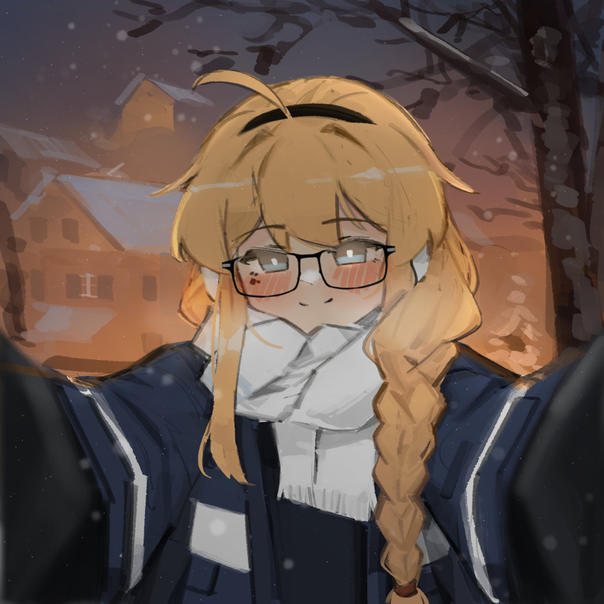 1girl black_gloves blonde_hair blue_eyes blue_jacket blush braid building earmuffs glasses gloves headband highres indie_virtual_youtuber jacket long_hair looking_at_viewer meme outstretched_arms pov_cheek_warming_(meme) scarf single_braid snowing tree very_long_hair whiskey_project white_scarf xerbatt