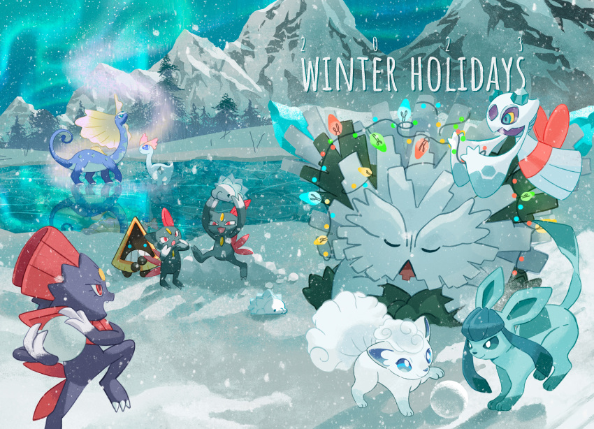 2023 :d abomasnow alolan_vulpix amaura aurora aurorus blue_eyes bright_pupils christmas_lights closed_eyes closed_mouth colored_sclera commentary fang froslass glaceon highres holding holding_pokemon ice loe_(pixiv4841670) mega_abomasnow mega_pokemon mountainous_horizon night no_humans open_mouth outdoors pokemon pokemon_(creature) reflection smile sneasel snom snorunt snow snowball standing symbol-only_commentary tree u_u weavile white_pupils yellow_sclera