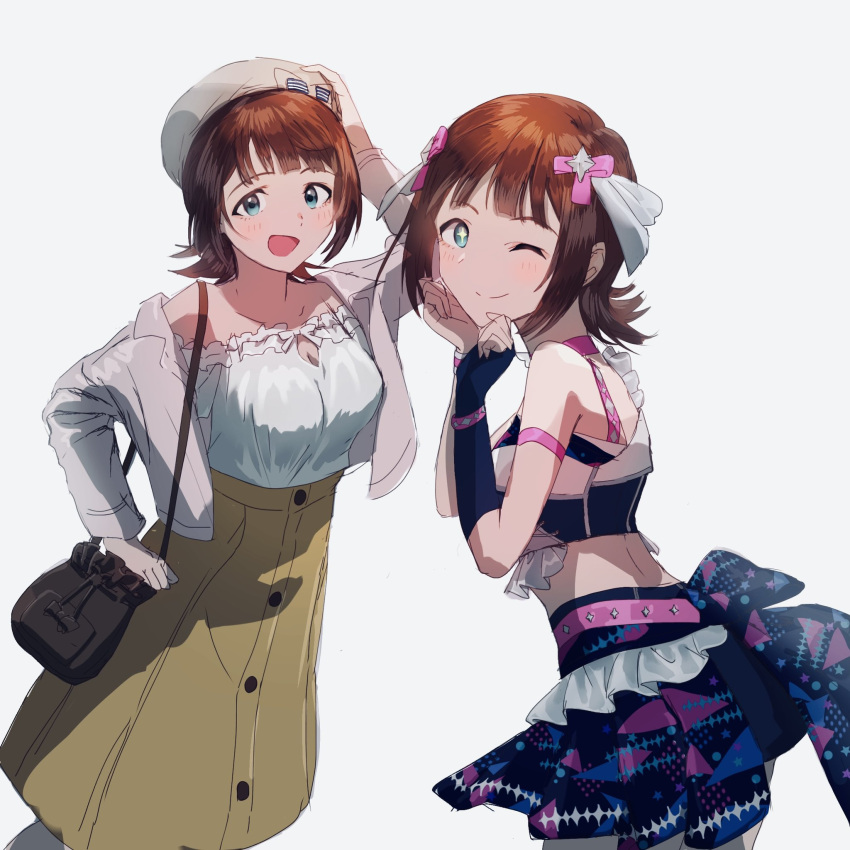 2girls amami_haruka arm_up asymmetrical_gloves bag bare_shoulders belt blue_gloves blue_shirt blue_skirt blush bow breasts brown_hair choker cleavage closed_mouth collarbone crop_top cropped_shirt dot_nose dual_persona elbow_gloves frilled_skirt frills gloves green_eyes grey_background hair_bow hair_ribbon hands_up hat highres holding_strap idolmaster idolmaster_(classic) idolmaster_million_live! idolmaster_million_live!_theater_days jacket long_sleeves looking_at_viewer looking_back medium_breasts mismatched_gloves multiple_girls one_eye_closed open_clothes open_jacket open_mouth pink_belt pink_bracelet pink_choker pink_ribbon pink_wristband ribbon shioma shirt short_hair shoulder_bag simple_background single_elbow_glove skirt smile white_headwear white_jacket white_shirt yellow_skirt