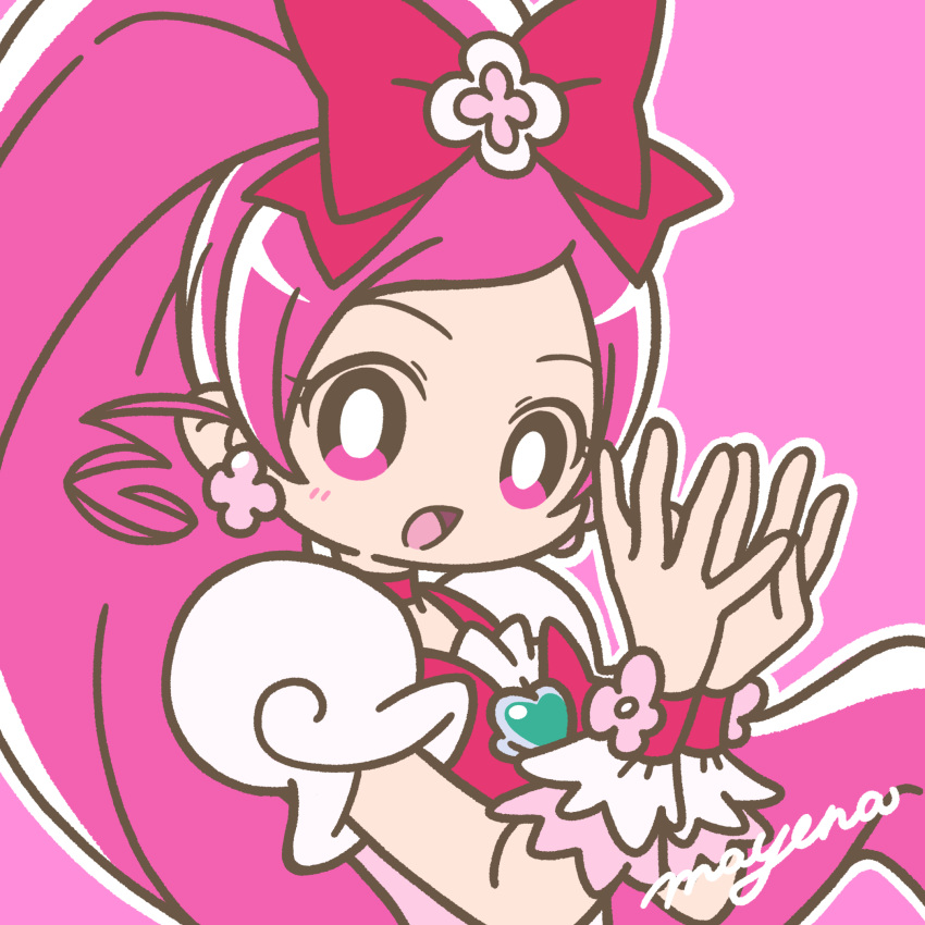 blush bow cure_blossom earrings hair_bow hanasaki_tsubomi heartcatch_precure! high_ponytail highres jewelry long_hair mayena open_mouth outline pink_background pink_bow pink_eyes pink_hair precure signature solo twitter_username upper_body very_long_hair white_outline wrist_cuffs