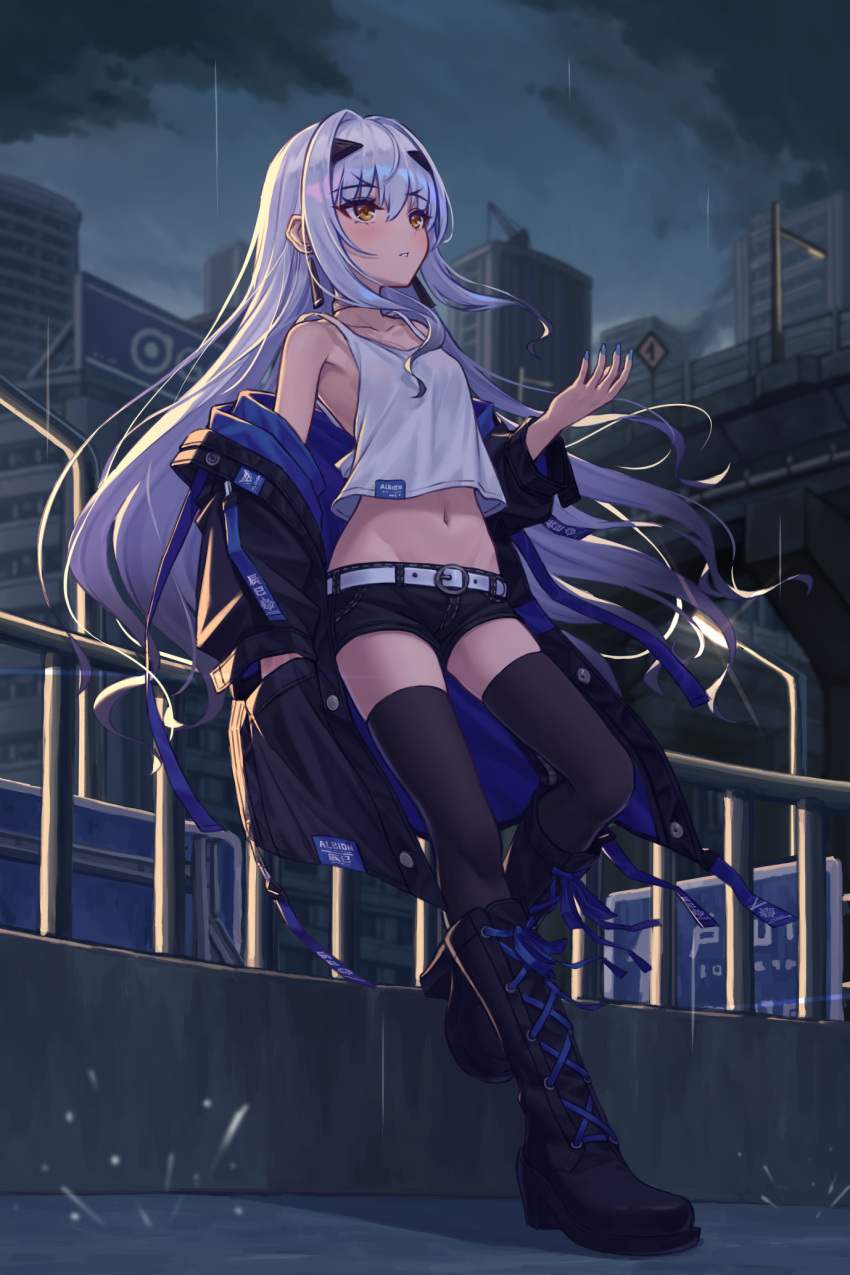 1girl bare_shoulders belt black_footwear black_jacket black_shorts black_thighhighs boots breasts cloud cloudy_sky collarbone contemporary crop_top earrings fate/grand_order fate_(series) forked_eyebrows full_body highres hoodier jacket jewelry knee_boots long_hair long_sleeves looking_up melusine_(fate) midriff navel off_shoulder open_clothes open_jacket rain short_shorts shorts sidelocks sky small_breasts solo tank_top thighhighs white_hair white_tank_top yellow_eyes