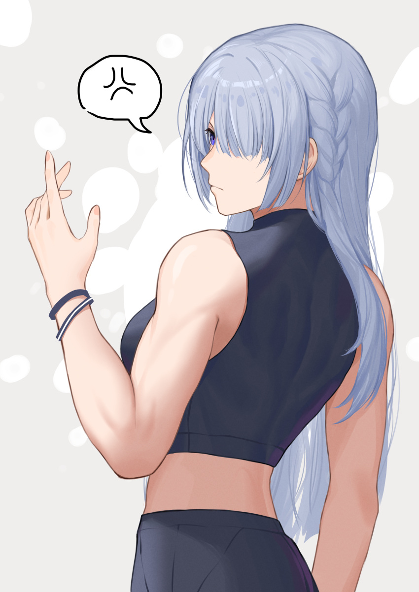1girl absurdres ak-15_(girls'_frontline) anger_vein bare_arms bare_shoulders black_shirt blue_eyes breasts commentary_request crop_top girls'_frontline grey_background grey_hair hand_up highres long_hair looking_at_viewer medium_breasts midriff shirt simobulanka sleeveless sleeveless_shirt solo spoken_anger_vein upper_body very_long_hair