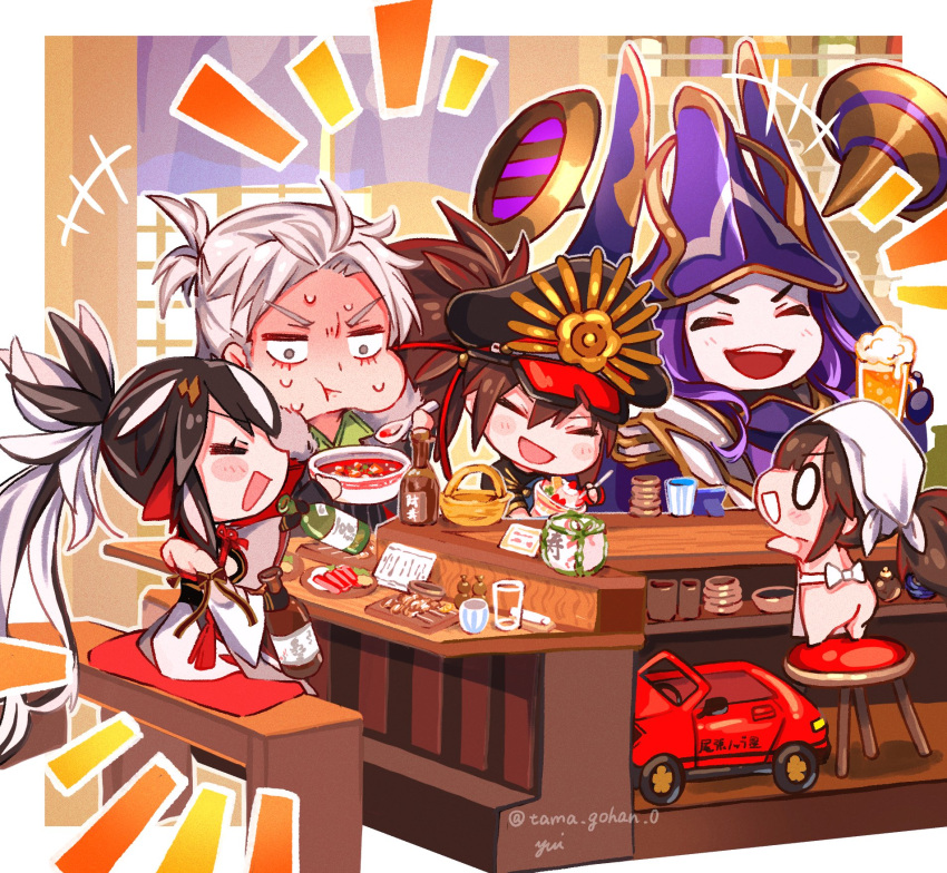 alcohol armor bare_back beer black_hair car chair coat eating facial_mark family_crest fate/grand_order fate_(series) food forehead_mark fur-trimmed_coat fur_trim hat helmet high_ponytail highres imagawa_yoshimoto_(fate) jacket jacket_on_shoulders japanese_armor keikenchi_(style) mapo_tofu military_hat mini_nobu_(fate) motor_vehicle multicolored_hair nagao_kagetora_(fate) oda_kippoushi_(fate) oda_nobunaga_(fate) oda_uri pale_skin parfait peaked_cap smile spicy striped striped_jacket suit takeda_shingen_(fate) two-tone_hair uesugi_kenshin_(fate) uesugi_kenshin_(third_ascension)_(fate) white_hair wide_ponytail yakitori yui_(tamagohan)