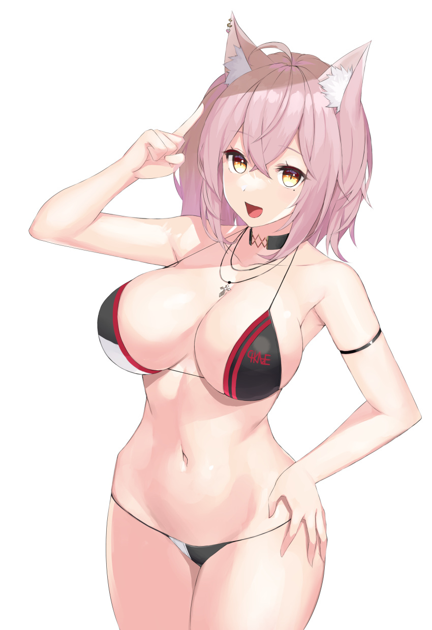 1girl absurdres ahoge amane_chikaze animal_ears arm_strap arm_up armpits bare_arms bare_shoulders bikini black_bikini black_choker breasts choker cleavage collarbone cowboy_shot halterneck hand_on_own_hip highres index_finger_raised indie_virtual_youtuber jewelry large_breasts looking_at_viewer medium_hair mole mole_under_eye nakamura_nagare navel necklace open_mouth pink_hair smile solo standing stomach strap_gap string_bikini swimsuit thighs transparent_background virtual_youtuber yellow_eyes