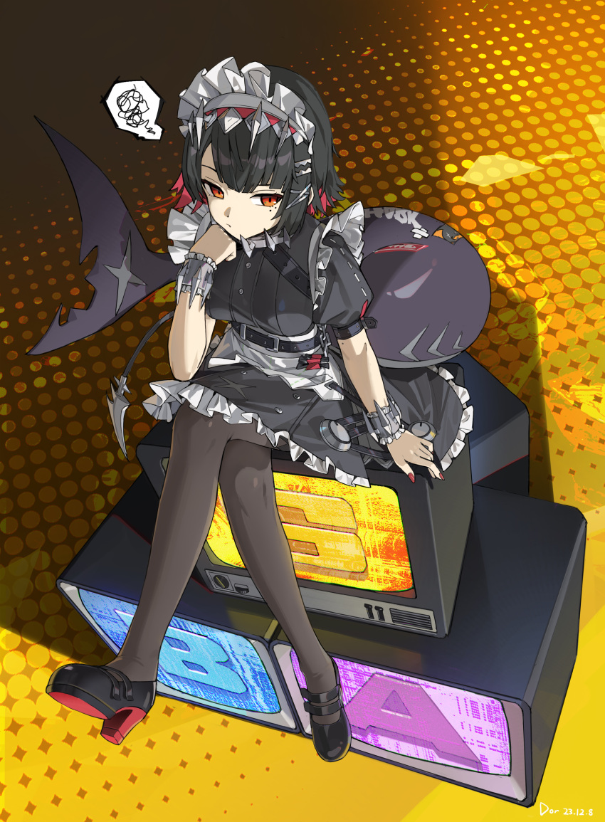 1girl absurdres arm_support black_dress breasts crossed_legs dor_m dress ellen_joe eye_trail fins fish_tail frilled_wristband full_body highres knee_strap light_trail long_hair looking_at_viewer maid maid_headdress medium_breasts mole mole_under_eye pantyhose red_eyes shark_girl shark_tail solo tail zenless_zone_zero