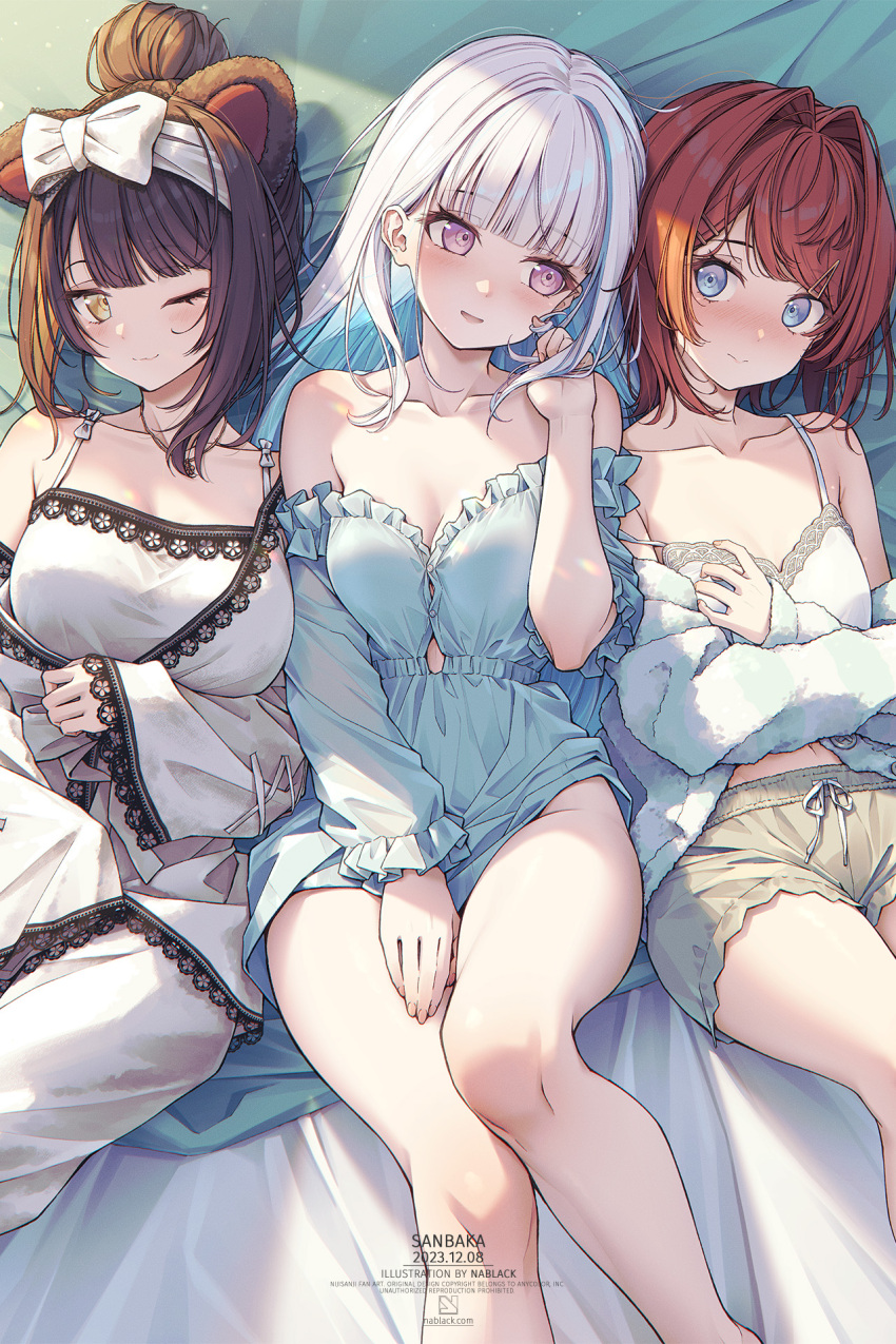 3girls ange_katrina ange_katrina_(4th_costume) animal_ears artist_name bare_shoulders bed_sheet blue_eyes blue_hair blue_pajamas blunt_bangs blush bow breasts brown_pants button_gap camisole cleavage collarbone colored_inner_hair dog_ears dolphin_shorts feet_out_of_frame flat_chest frilled_pajamas group_name hair_intakes hair_ornament hairclip highres inui_toko inui_toko_(6th_costume) kuro-kun_(nablack) large_breasts lize_helesta looking_at_another looking_at_viewer lying medium_breasts multicolored_hair multiple_girls nijisanji on_back one_eye_closed pajamas pants parted_bangs parted_lips purple_eyes red_hair sanbaka_(nijisanji) short_hair shorts sidelocks smile swept_bangs thighs virtual_youtuber white_bow white_hair white_pajamas white_pants yellow_eyes