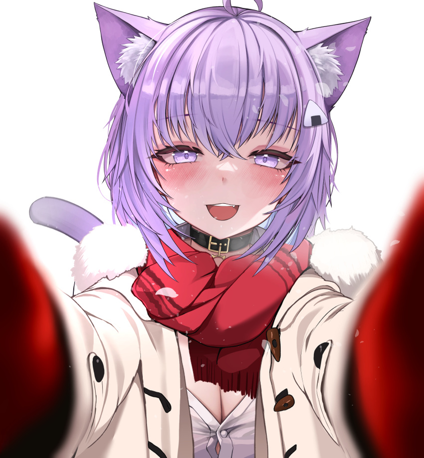 1girl absurdres ahoge animal_collar animal_ear_fluff animal_ears belt_collar black_collar breasts bursting_breasts button_gap buttons cat_ears cat_girl cat_tail cleavage coat collar crossed_bangs dot_nose duffel_coat fang food fur-trimmed_coat fur-trimmed_scarf fur_trim gloves hair_between_eyes hair_ornament half-closed_eyes highres hololive kkato large_breasts looking_at_viewer meme mittens nekomata_okayu onigiri open_clothes open_coat open_mouth pov pov_cheek_warming_(meme) purple_eyes purple_hair reaching reaching_towards_viewer red_gloves red_mittens red_scarf scarf shirt short_hair sidelocks simple_background snowing solo straight-on tail taut_clothes taut_shirt teeth toggles tongue virtual_youtuber white_background white_coat winter_clothes winter_coat winter_gloves