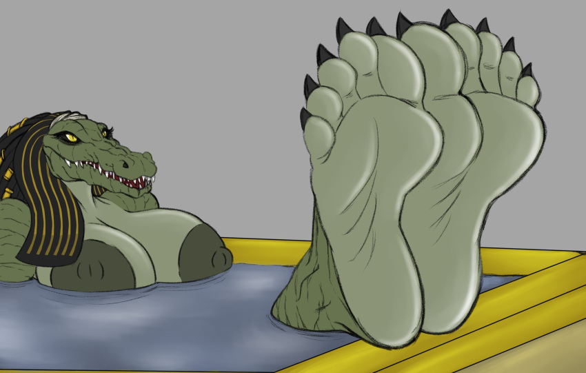 2023 5_toes ammit ammit_(moon_knight) anthro areola big_areola big_breasts big_nipples biped black_claws black_eyelashes black_pupils breasts claws countershade_torso countershading crocodile crocodilian crocodylid dark_areola dark_nipples deity digital_drawing_(artwork) digital_media_(artwork) egyptian_headdress egyptian_mythology eyelashes feet female female_anthro fingers foot_focus green_areola green_body green_nipples green_scales grey_background hi_res huge_areola huge_breasts humanoid_feet marvel marvel_cinematic_universe middle_eastern_mythology moon_knight_(series) mostly_nude mostly_nude_anthro mostly_nude_female multicolored_body multicolored_scales mythology nemes_(clothing) nipples non-mammal_breasts non-mammal_nipples open_mouth partially_submerged plantigrade pupils red_tongue reptile scales scalie sharp_teeth simple_background slit_pupils snout soles solo sysdott teeth toe_claws toes tongue two_tone_body two_tone_scales water yellow_eyes