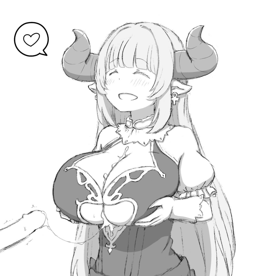 1girl after_paizuri alicia_(granblue_fantasy) ankh_earrings breasts cleavage cleavage_cutout clothing_cutout commentary_request cum cum_on_body cum_on_breasts cum_on_penis cum_string draph granblue_fantasy greyscale heart highres horns huge_breasts monochrome pointy_ears puffy_short_sleeves puffy_sleeves shoko-san short_sleeves spoken_heart twitching_penis underboob_cutout