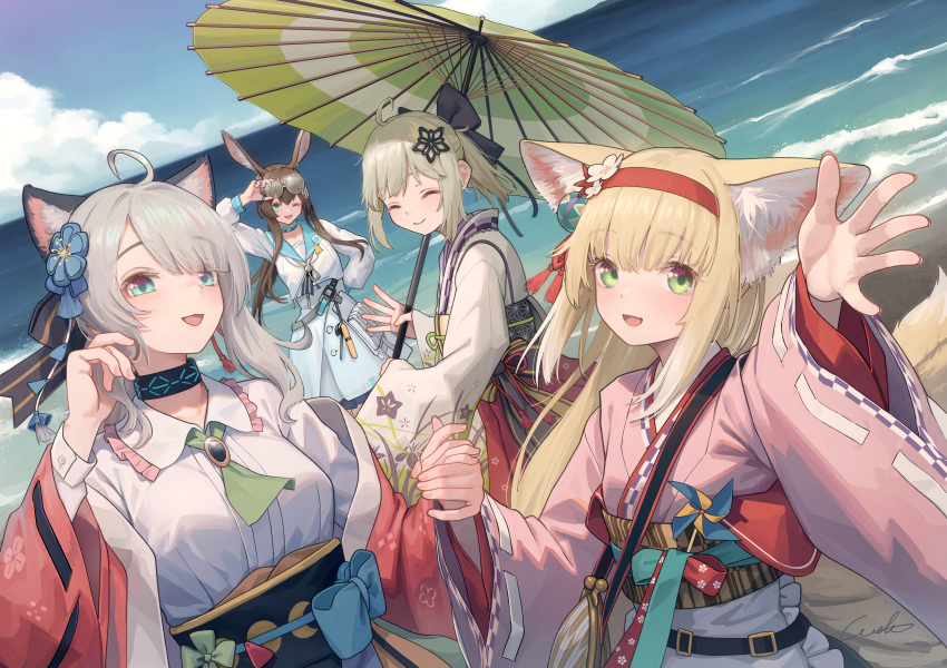 4girls absurdres ahoge amiya_(arknights) animal_ear_fluff animal_ears arknights black_collar blue_eyes blue_sky cat_ears cat_girl chinese_commentary closed_eyes cloud collar commentary_request day dutch_angle eyewear_on_head flower fox_ears fox_girl fox_tail green_eyes green_umbrella hair_flower hair_ornament hairband highres holding_hands infection_monitor_(arknights) japanese_clothes kimono kitsune kyuubi long_hair long_sleeves mint_(arknights) mint_(tsukiyoi)_(arknights) multiple_girls multiple_tails obi ocean official_alternate_costume oil-paper_umbrella one_eye_closed open_mouth outdoors pink_kimono pinwheel puffy_long_sleeves puffy_sleeves rabbit_ears rabbit_girl reaching reaching_towards_viewer red_hairband sash scene_(arknights) scene_(betsushi)_(arknights) shirt sidelocks sky suzuran_(arknights) suzuran_(yukibare)_(arknights) tail umbrella welt_(kinsei_koutenkyoku) white_shirt